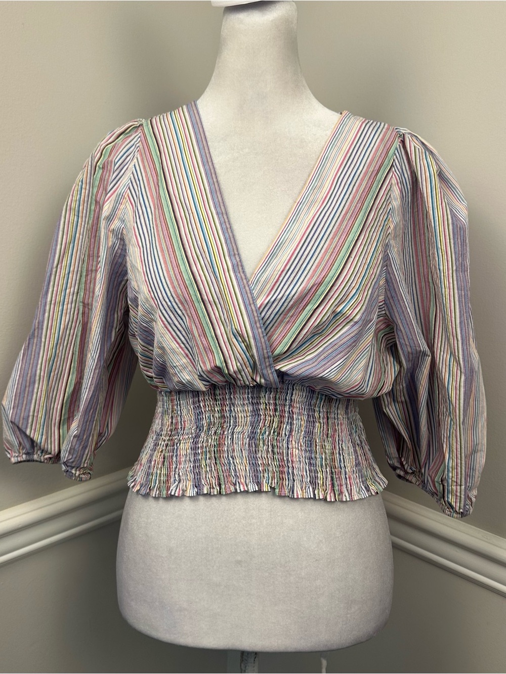 Zara Pastel Multicolor Striped V-Neck Smocked-Waist Blouse S